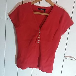Coral V neck button down short sleeve top